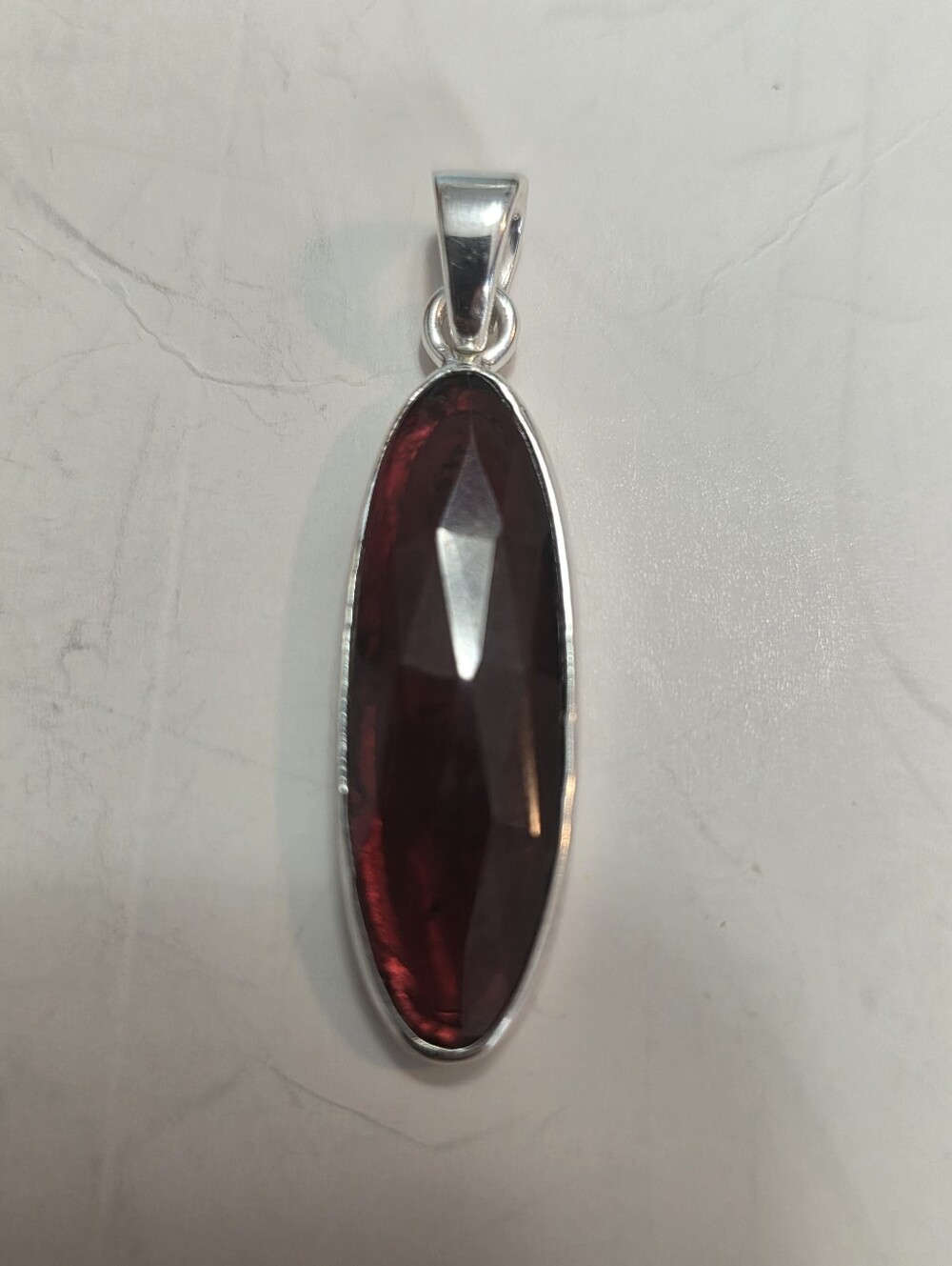Sterling Silver Deep Red  Garnet Oval Gemstone Pendant